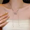 Collar de Mariposa con Cordón Deslizante Ajustable, Cadena de Clavícula de Plata con Borla de Perla de Lujo Ligero de Nicho para Mujeres, Estilo Ins