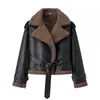 Comercio Exterior Transfronterizo Invierno Estilo Europeo y Americano Ropa de Mujer Versátil Solapa Manga Larga con Cinturón Casual Cuero y Piel Chaqueta Abrigo de una Pieza