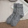 Calcetines de Media Pantorrilla para Mujer Otoño e Invierno con Encaje Fair Isle Estampado Integral de Dibujos Animados de Cachorros Estilo Versátil Empalmados con Calcetines con Borde de Oreja