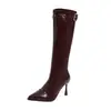 Otoño 2025 Nuevo Hebilla de Cinturón con Remaches Botas Altas Zapatos de Mujer Punta Fina Moda Tacones de Aguja Botas Elásticas Ajustadas Botas Largas
