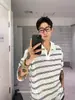 Camiseta Henley de Rayas Retro Americana de Manga Larga para Hombre Otoño Nuevo Transpirable Cuello en V Camisa Polo Camisa de Punto para Capas