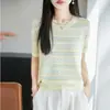 Top de punto para mujer con cuello redondo, manga corta, de seda de hielo, nuevo estilo verano 2026, top camiseta de rayas con bloques de color calado