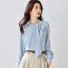 Blusa azul con cinta estilo francés para mujer, ropa de trabajo profesional de otoño, top elegante de manga larga con cuello alto para entrevista de maestro
