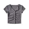 Camiseta de Manga Corta con Cuello en V Estilo Europeo y Americano, Plisada, Ajustada, para Mujer, Verano, Nuevo Estilo, Spice Girls, Color Sólido, Top Cárdigan de Solapa Corta
