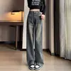 Jeans Rectos Gris Cemento para Mujer, Otoño e Invierno, Favorecedores de la Figura, Diseño Vintage, Estilo Americano, Tiro Alto, Bolsillos, Pantalones de Pierna Ancha Estrecha
