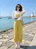 Conjunto Informal Elegante de Verano 2026 Camiseta Estampada y Pantalones de Pierna Ancha Conjunto de Dos Piezas Moderno y Juvenil de Manga Corta