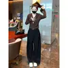 Deslumbrante Roupa de Outono para Mulheres, Elegante e Simples, Blusa de Manga Longa Slim com Decote V com Calça de Cintura Alta Wide Leg, Conjunto Elegante de Duas Peças Tendência
