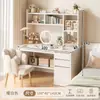 Tocador simple para habitación de niñas, estilo INS color crema, tocador de maquillaje de gran capacidad, escritorio integrado con estantería para estudiantes