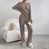 Conjunto de Dos Piezas Transfronterizo para Mujer, Nueva Moda Otoño 2026, Casual, Pantalones Rectos, Elegante Conjunto de Punto Acanalado Holgado con Cuello en V