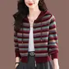 Chaqueta Cardigan de Punto con Cremallera de Moda 2026 para Mamás, Corta, Elegante, Casual, Cardigan de Punto Rayado con Capucha