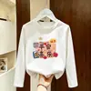 Camiseta de algodão puro para meninas, nova blusa básica de manga comprida para outono, top para primavera e outono para crianças mais velhas, gola redonda, roupa casual versátil