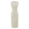 Elegante Vestido de Verano Estilo Francés con Cintura Fruncida, Abertura Trasera, Ajustado al Cuerpo, Color Sólido, Sin Mangas, de Longitud Media