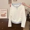 Camiseta de Manga Larga con Bloques de Color Estilo Universitario, Falso Dos Piezas con Volantes para Mujer, Nuevo Dulce Top Interior Ceñido a la Cintura para Primavera y Otoño
