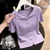 Gola Polo com Barra Dividida, Camiseta de Seda Gelada, Top Estiloso de Verão para Mulheres, Camisa de Tricô de Manga Curta