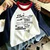 Camiseta infantil de manga comprida com estampa de desenho animado em algodão, gola redonda, estilo coreano, color-blocking, marca moderna, novo top versátil fofo para primavera/outono