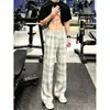 Calça masculina xadrez azul marinho transfronteiriça de corte reto relaxado, modelagem solta, leve, de perna larga para fitness, esportes e uso casual