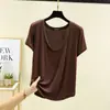 Camiseta sencilla y versátil de cuello en U y manga corta estilo coreano para mujer, camiseta básica de modal de talla grande para verano, top holgado