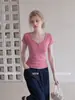 Camiseta Yinhe Rosa Escote Corazón Hombros Descubiertos Manga Corta para Mujer 2026 Verano Chica Caliente Corte Entallado Top Adelgazante