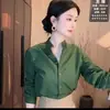 Elegante Camisa de Manga Larga para Mujer, Estilo Primavera y Otoño, Top Verde, Corte Holgado, Versátil, Adelgazante, Estilo para el Trabajo, Camisa con Cuello Alto, Verde Oscuro