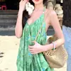 Atuendo de Viaje para Yunnan para Mujer Vestido Retro Verde Floral de Tirantes Estilo Vacaciones Holgado Línea A Vestido de Playa Verano