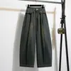 Foto real de pantalones vaqueros de talla grande, color liso, fluidos, con curva, para mujer, nuevo estilo coreano de primavera, pantalones holgados casuales adelgazantes