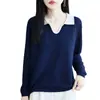 Tijeras Transfronterizas Cuello de Color Bloqueo Lana Fina Manga Larga Mujer Primavera y Otoño Nuevo Adelgazante Retro Francés Punto Básico