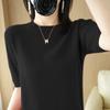 Camiseta de punto de manga corta para mujer, cuello redondo, color liso, holgada, combinable, de talla grande, de manga corta, para primavera y verano