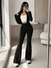 Conjunto de roupas femininas europeias e americanas para comércio exterior transfronteiriço: top de cardigã curto texturizado e calça flare de cintura alta que valoriza a silhueta, conjunto de duas peças para o trabalho
