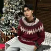 Suéter de Tricô Jacquard Fair Isle Masculino Natal Retrô Outono e Inverno Macio e Preguiçoso Roupa Exterior Comércio Exterior Atacado Transfronteiriço