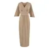 Elegante vestido de mujer estilo francés con cuello en V plisado y manga de tres cuartos, vestido largo de verano ajustado con abertura en la espalda y diseño bodycon que ciñe la cintura