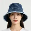 Sombrero de pescador de mezclilla con flecos para mujer, de ala ancha, hace que la cara se vea más pequeña, protección solar, estilo coreano, versátil, adecuado para estudiantes, sombrero para exteriores