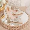 Tacones altos para mujer, verano 2025, nuevo estilo, con lazo de una palabra y perla, zapatos de boda con punta puntiaguda de aguja para mujer