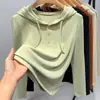 Camiseta de Base com Capuz Derong para Mulheres 2025 Novo Estilo Popular de Outono Camiseta Interna com Camadas Hoodie Moletom Top