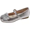 Zapatos Planos para Mujer Bailarinas Francesas Estilo Nuevo Primavera/Verano 2026 Correa Única Moño Zapatos Mary Jane Plateados para Mujer