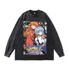 Sudadera Retro Americana Europea con Estampado de Anime Pesada 280g Cuello Redondo Talla Grande Holgada Lavada Desgastada
