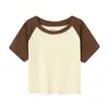 Fio de elastano 230g, 92% algodão, 8% elastano, camiseta feminina raglan de manga curta com blocos de cor e gola redonda, casual e versátil, com estampas e bordados