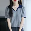 2026 Verano Nuevo Estilo Cuello Polo Lyocell Bloques de Color Solapa Top de Punto Manga Corta Fino para Mujer
