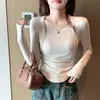 H562 Top casual para mujer de estilo francés, falso dos piezas, manga larga, cuello cuadrado, corte ajustado, camisa base fina versátil de otoño
