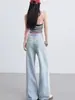 Jeans de perna larga da moda, estilo coreano, cintura alta, com rasgos, renda e retalhos, corte solto, versátil, para mulheres
