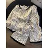 Nuevo Pijama con Estampado Floral Retro para Mujer Primavera y Otoño Estilo Coreano Ribete de Encaje Atado con Cordones Manga Larga Pantalón Largo Conjunto de Pijama Holgado