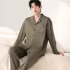 Pijama atacado de manga longa e calça longa para mulheres, novo tecido de algodão stretch de outono, cardigã masculino com gola de lapela, roupa para casa para casais