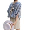 Novo Top de Verão que Cobre a Barriga Feminino Refrescante Soltinho Manga Morcego Costas com Amarração Laço Estampado Floral Camisa Top