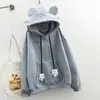 Moletom com Orelhas de Urso Feminino Outono e Inverno Solto Estilo Ins Preguiçoso Jaqueta com Forro de Lã Design Bordado Nicho Estilo Hong Kong