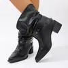 Elegantes Botines Vaqueros Occidentales Plisados para Mujer 2026 Primavera/Otoño Más Vendidos Negros Adelgazantes Puntiagudos Tacón Grueso Botines de Montura