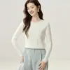 Camiseta básica de punto de cachemira pura para otoño e invierno, moderna y versátil para el trabajo, corte holgado, adelgazante, cuello redondo, manga larga de punto trenzado para mujer