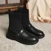 Botas de calcetín elásticas de punto para mujer Zapatos pequeños de cuero 2026 Primavera Nuevas Botas de Moda Estilo Británico Versátiles Suela Plana Adelgazantes Botines Cortos
