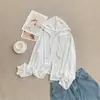 Camisa de zíper longa de cor sólida em Liocel, estilo coreano minimalista, proteção solar, jaqueta com capuz slim fit de verão