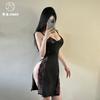 Fin de Temporada Sexy Encaje Escote en V Profundo Elegante Abertura Sexy Lencería Tentación de Cortar Camisón con Tirantes Transparente para Hombre 9067