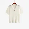 Top de punto fino de verano para mujer talla grande con cuello camisero desplegable, estilo verano 2026 para mujeres talla grande, camiseta casual versátil de manga corta 23998