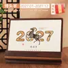 Calendário de mesa de madeira estilo chinês 2027, ornamento de calendário requintado para mesas de escritório, presentes empresariais e corporativos, calendário de mesa personalizado com ilustrações